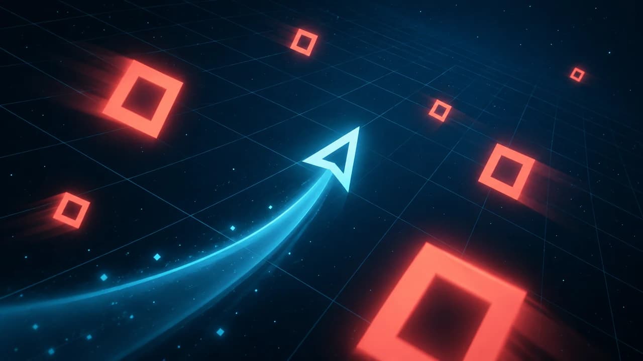 Portada de Signal Drift: una nave triangular cian atraviesa una cuadrícula oscura entre obstáculos rojos