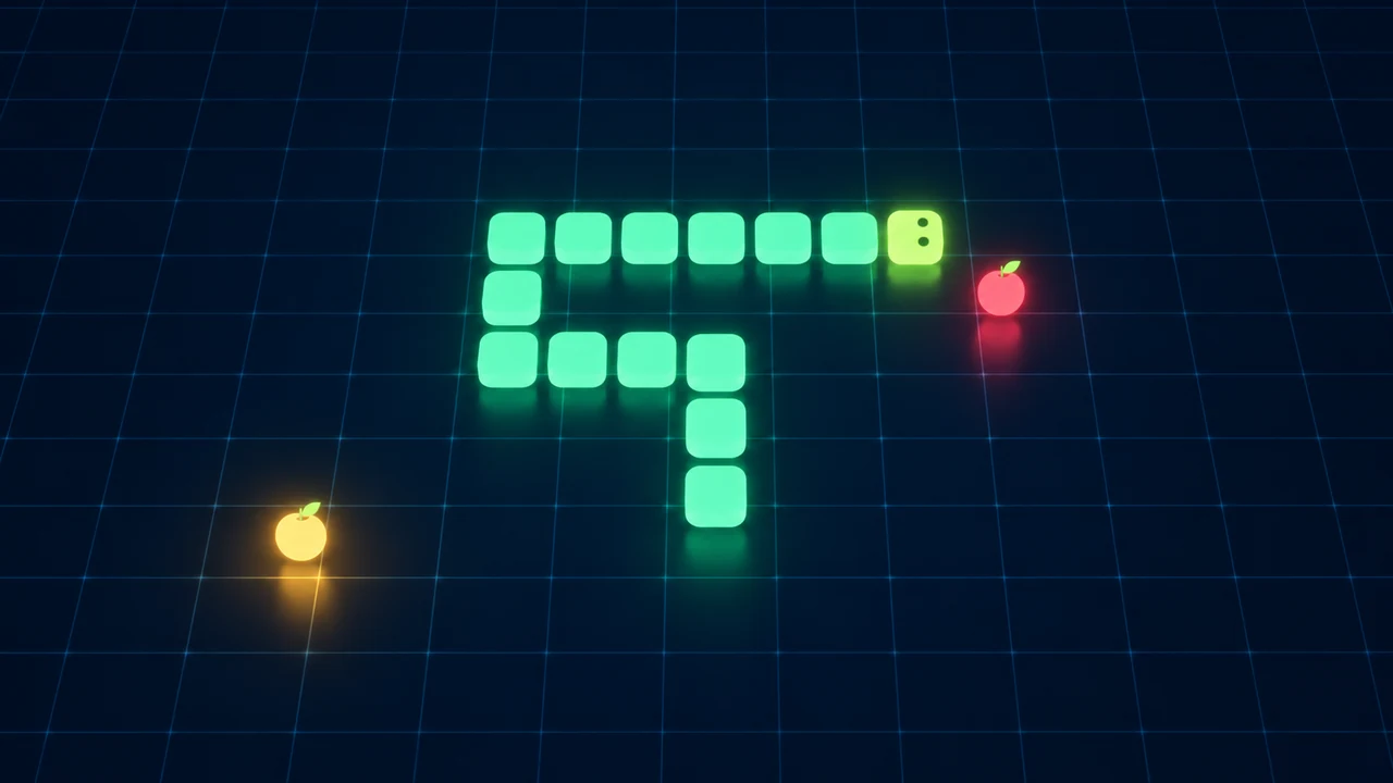Portada de Snake Neon: una serpiente verde luminosa y manzanas sobre una cuadrícula azul oscura