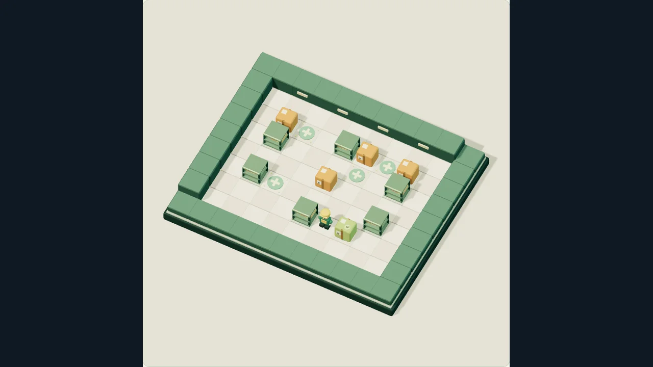 Portada de Stock Shift 3D con cajas y destinos marcados en un almacén isométrico
