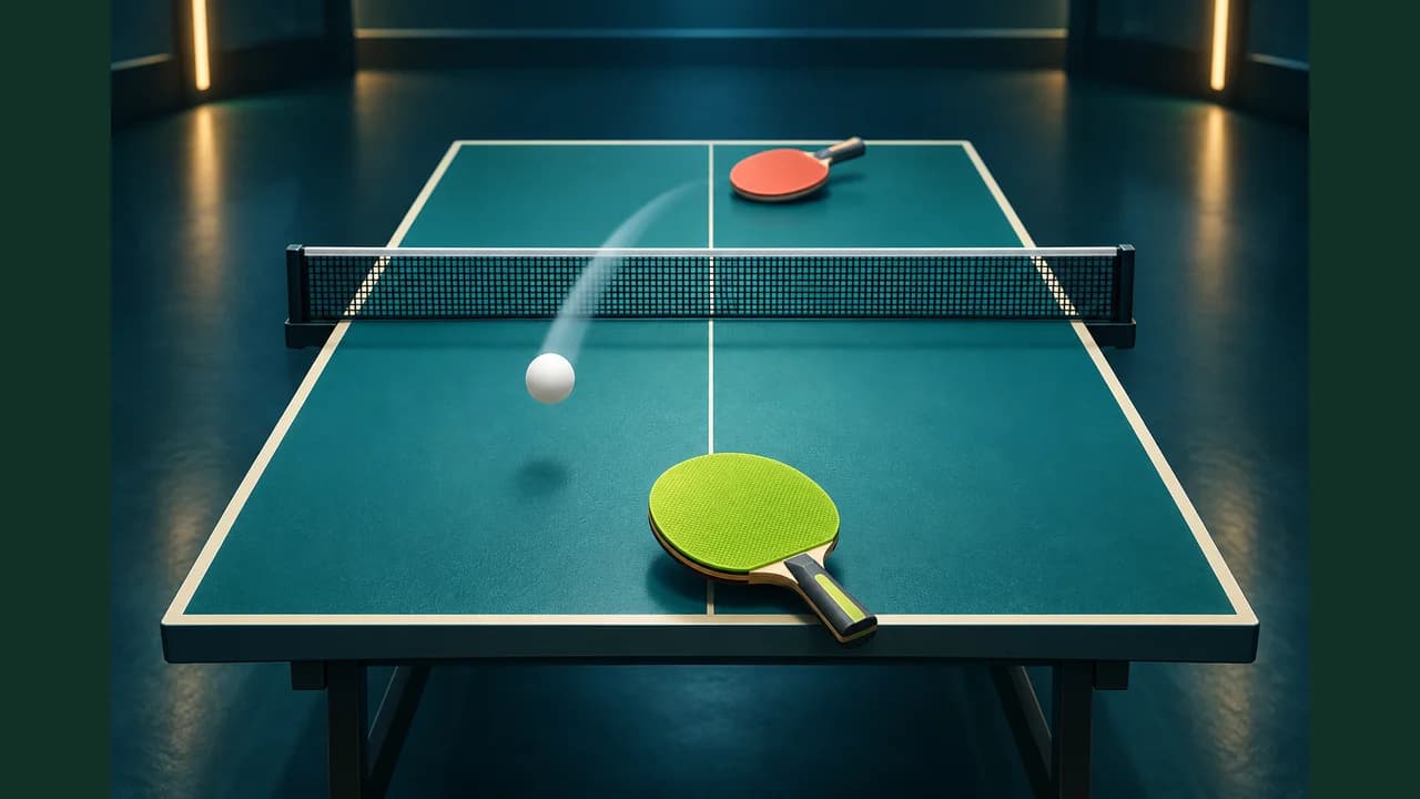 Portada de Tenis de mesa con dos palas y una pelota sobre la mesa verde