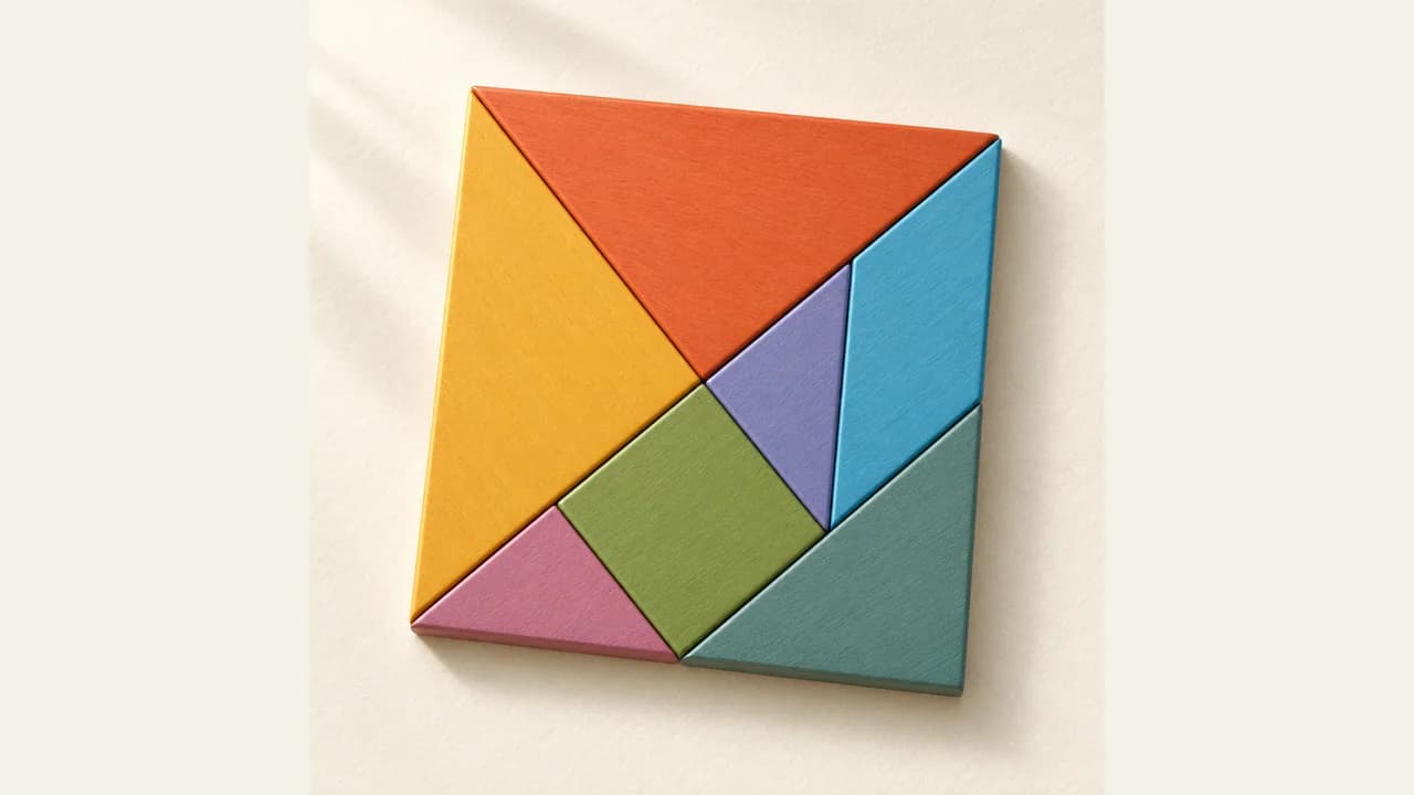 Portada de Tangram Atelier: siete piezas geométricas de colores formando un cuadrado