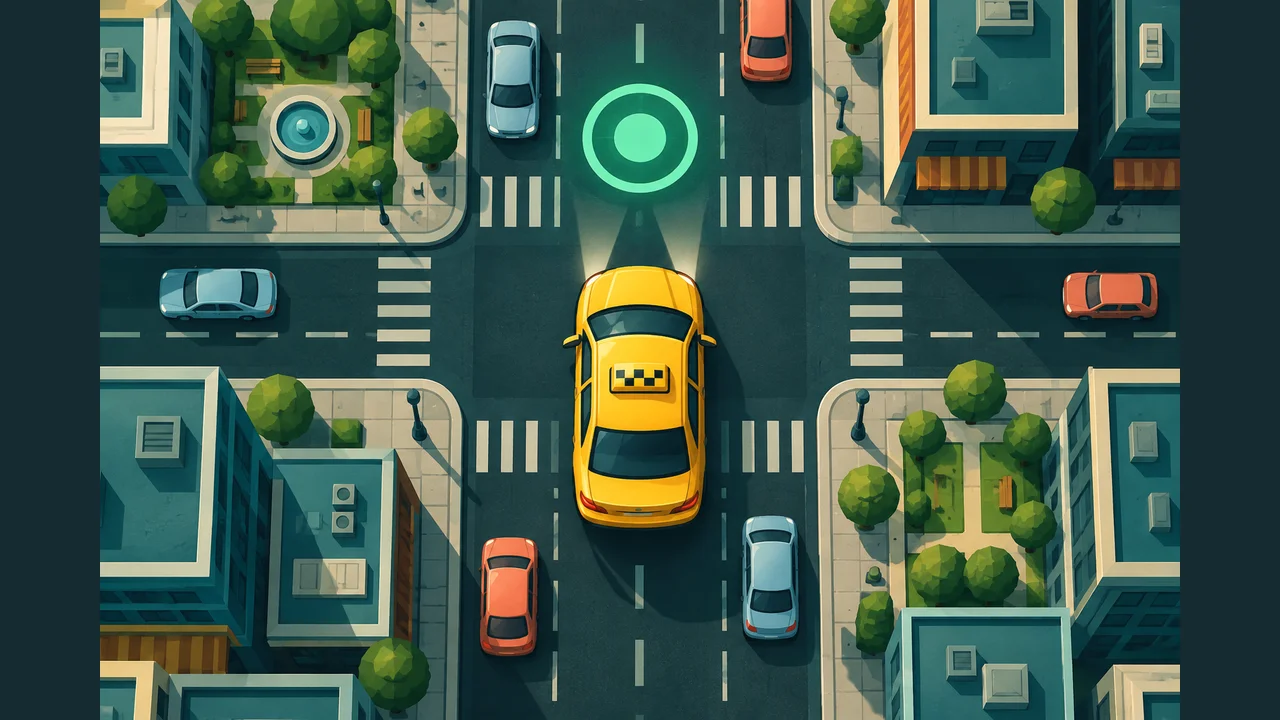 Portada de Taxi Driving Missions con un taxi amarillo en un cruce urbano y un marcador de destino verde