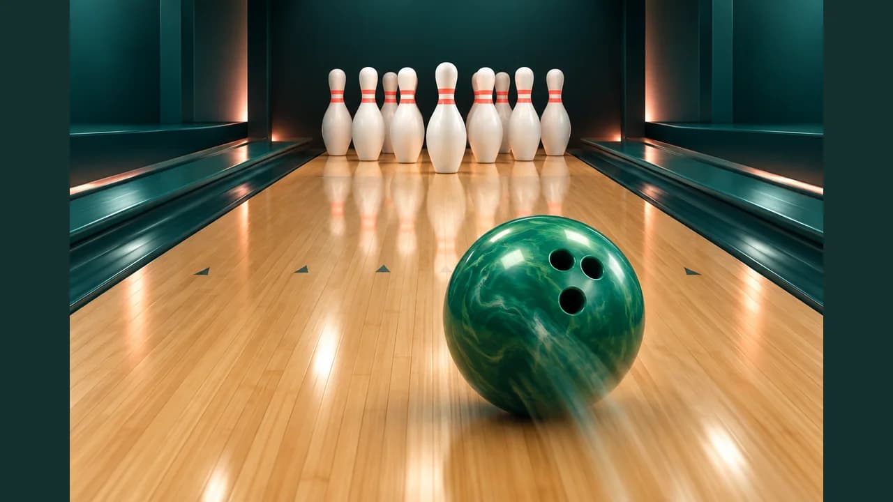 Portada de Club de Bolos con una bola verde y pinos blancos al fondo de una pista de madera