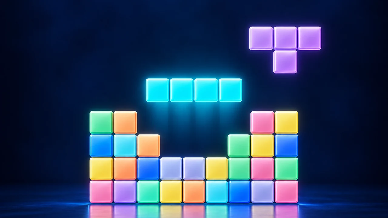 Portada de Tetris con piezas luminosas cian y violeta sobre una pila de bloques de colores