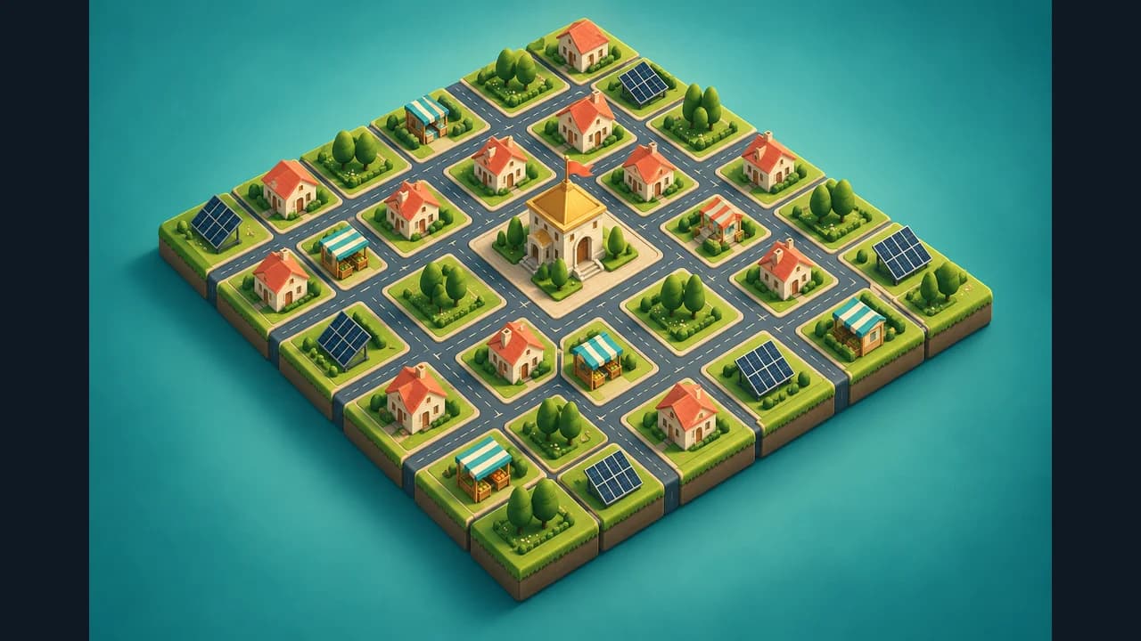 Portada de Tile City Builder con una ciudad de fichas, calles, viviendas, parques y paneles solares