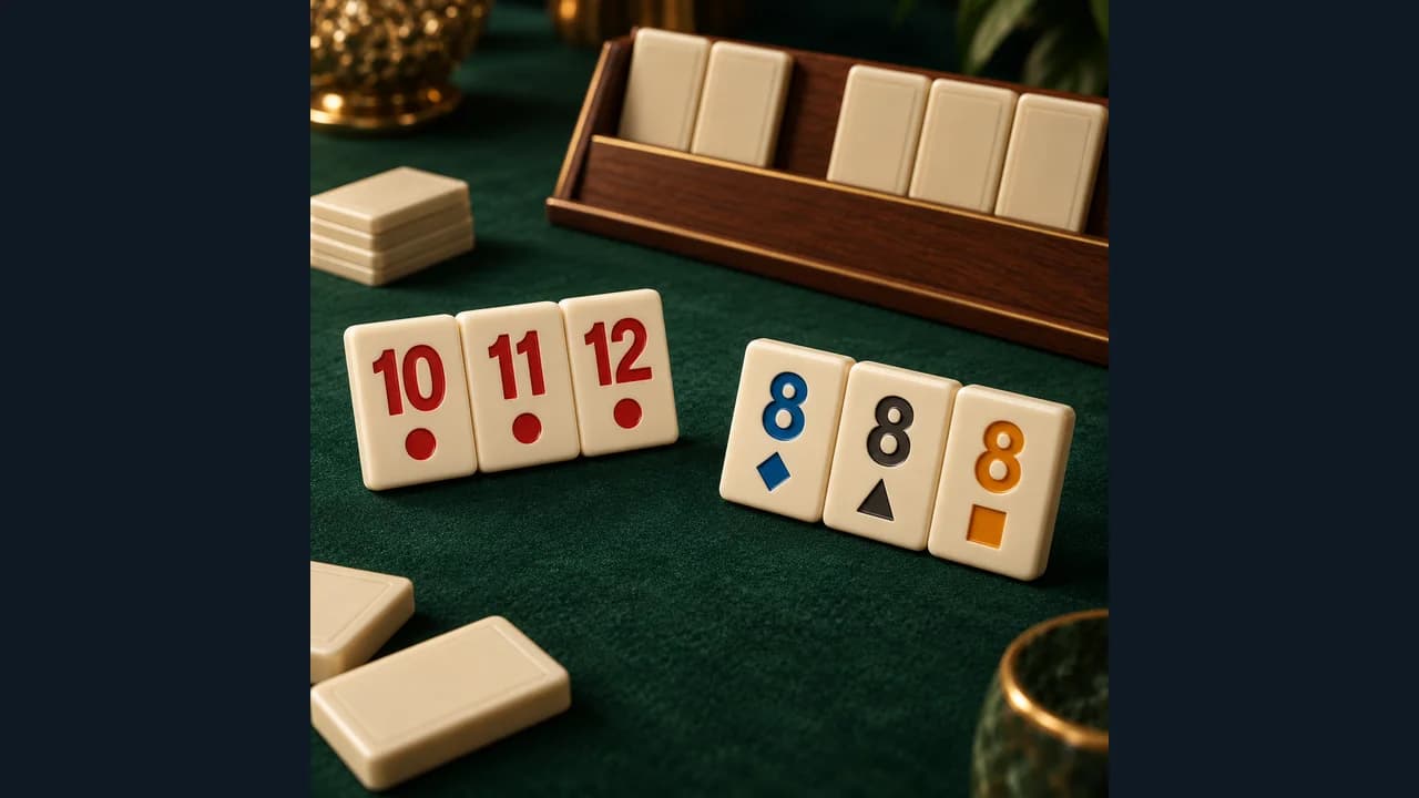 Portada de Rummy de fichas con fichas numeradas sobre una mesa