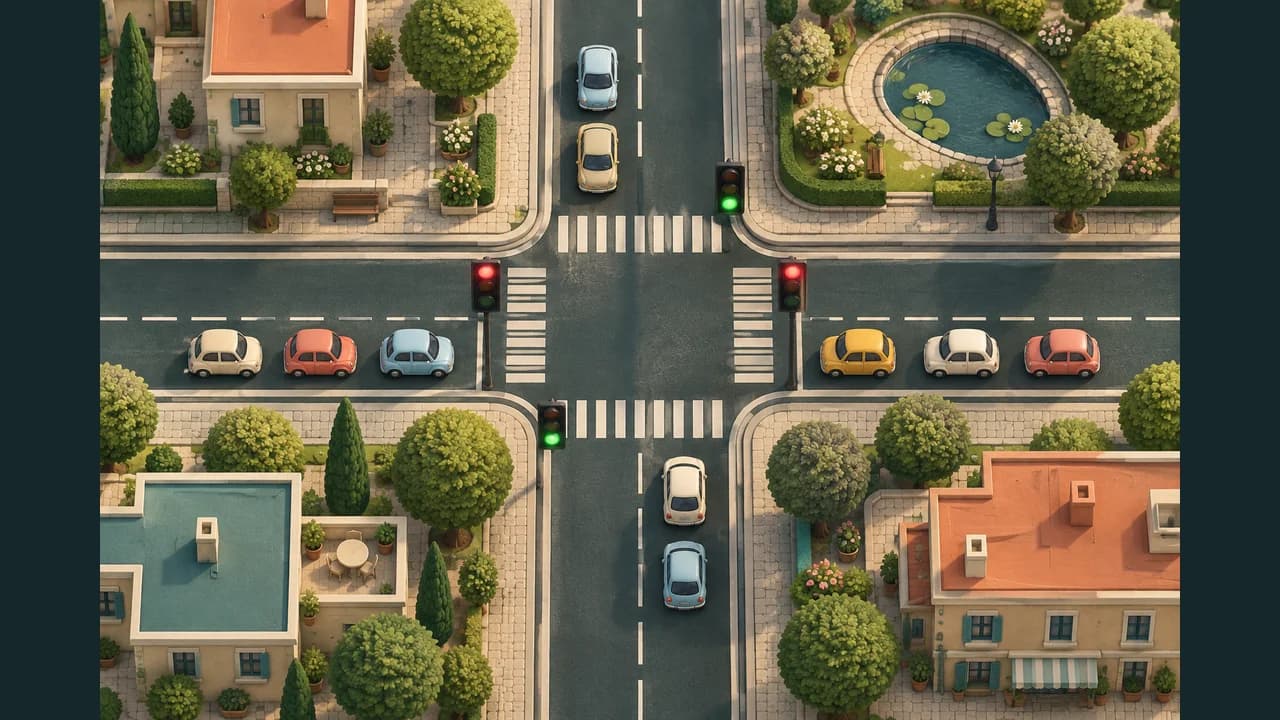 Portada de Control de tráfico con semáforos y autos en un cruce visto desde arriba