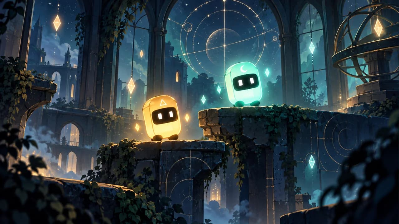 Portada de Twin Lanterns con Sol y Luna, dos luces sobre plataformas de piedra en un observatorio