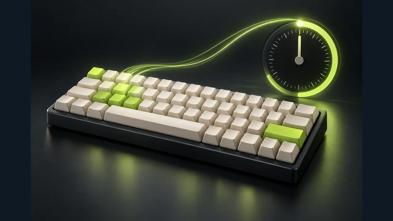 Portada de Mecanografía contrarreloj con un teclado iluminado y un cronómetro