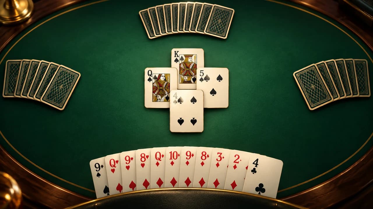 Portada de Whist Clásico con una baza de picas y cuatro manos de cartas