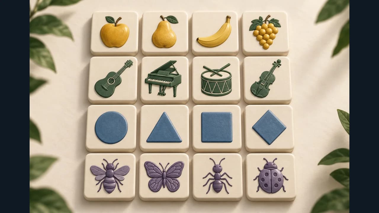 Portada de Grupos de cuatro con una cuadrícula de frutas, instrumentos, figuras e insectos