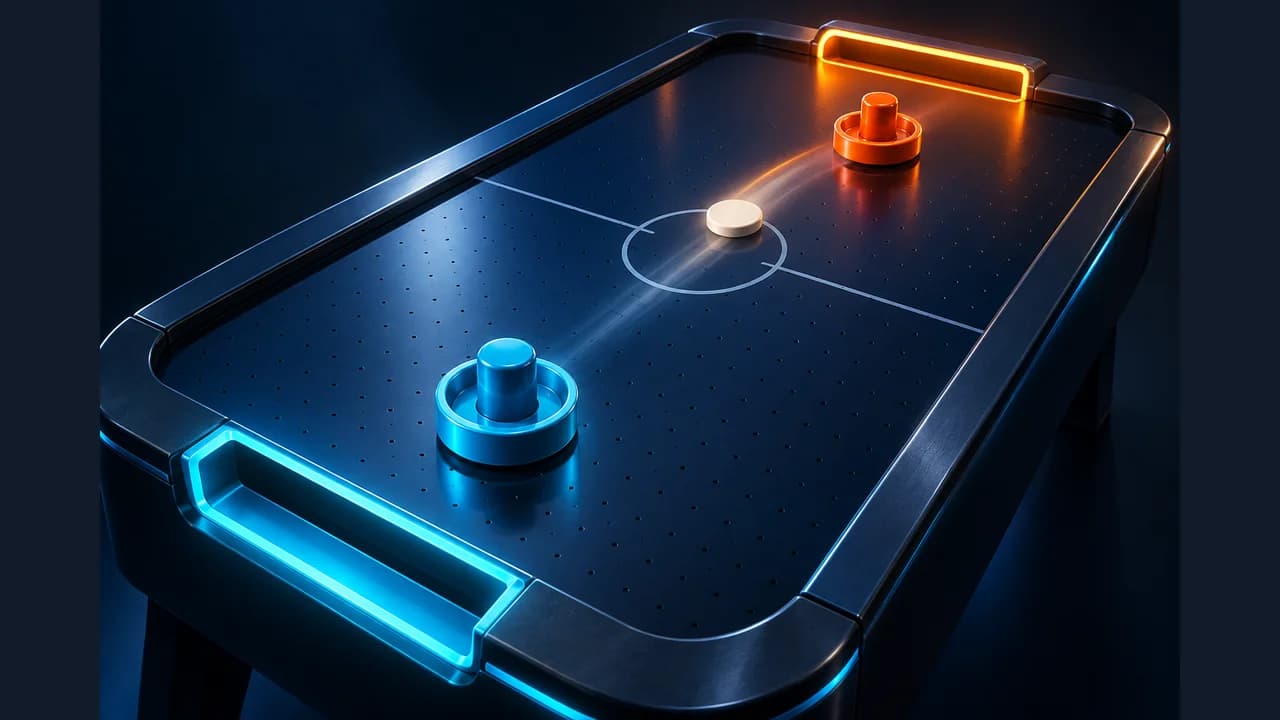 Portada de Hockey de aire Zarocer con una mesa azul, dos mazos y un disco luminoso