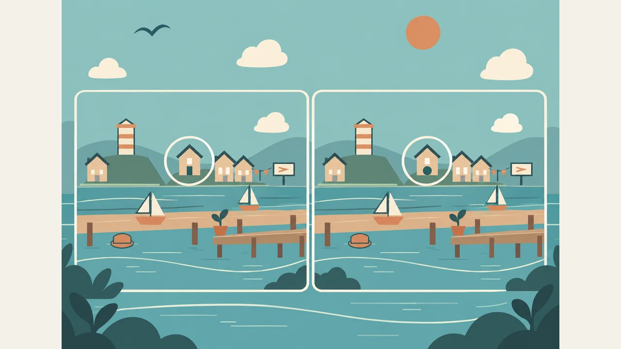 Portada de Atlas de diferencias con un paisaje ilustrado de puerto y detalles para comparar