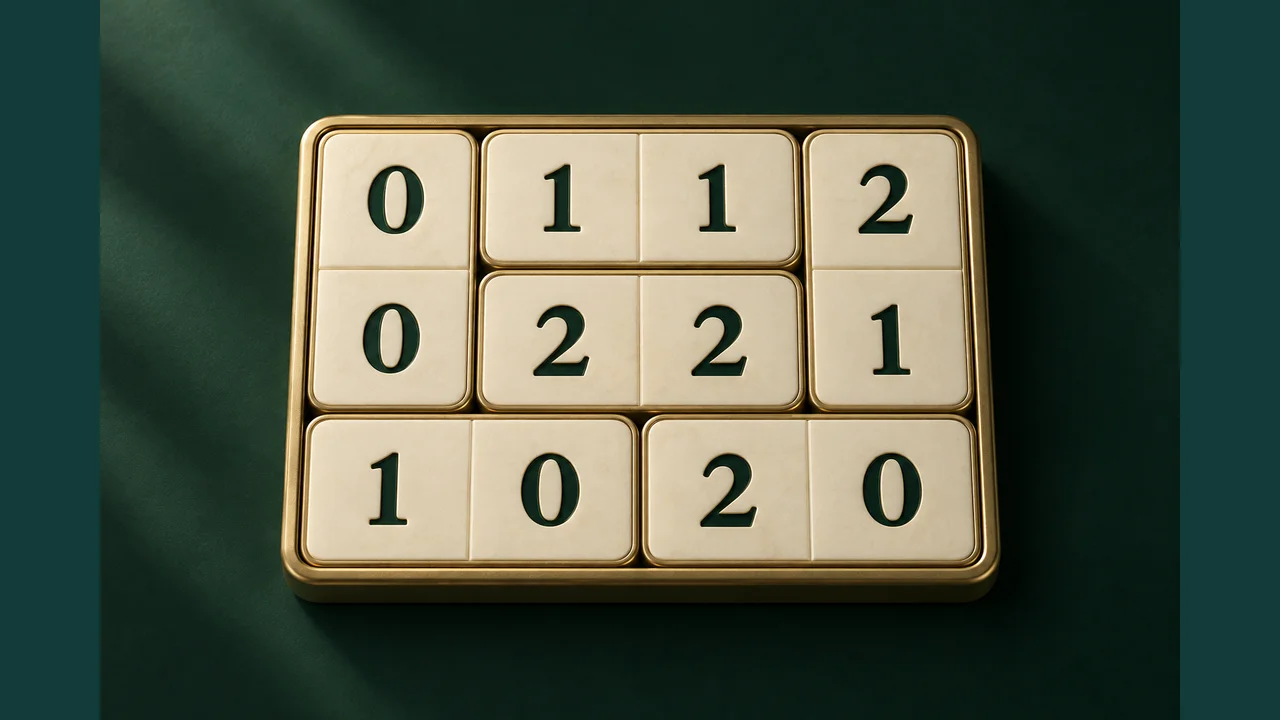 Portada de Dominosa con piezas numéricas de borde dorado sobre fondo verde