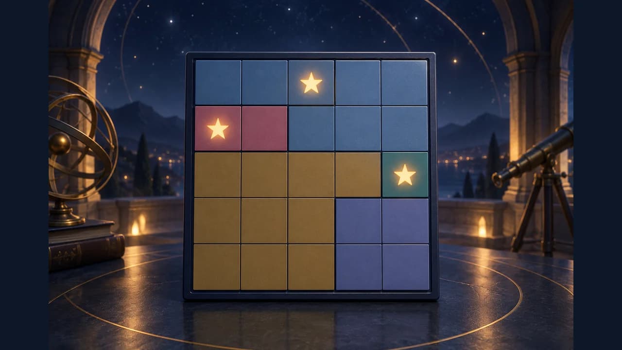 Portada de Estrellas Star Battle con una cuadrícula de regiones y estrellas luminosas