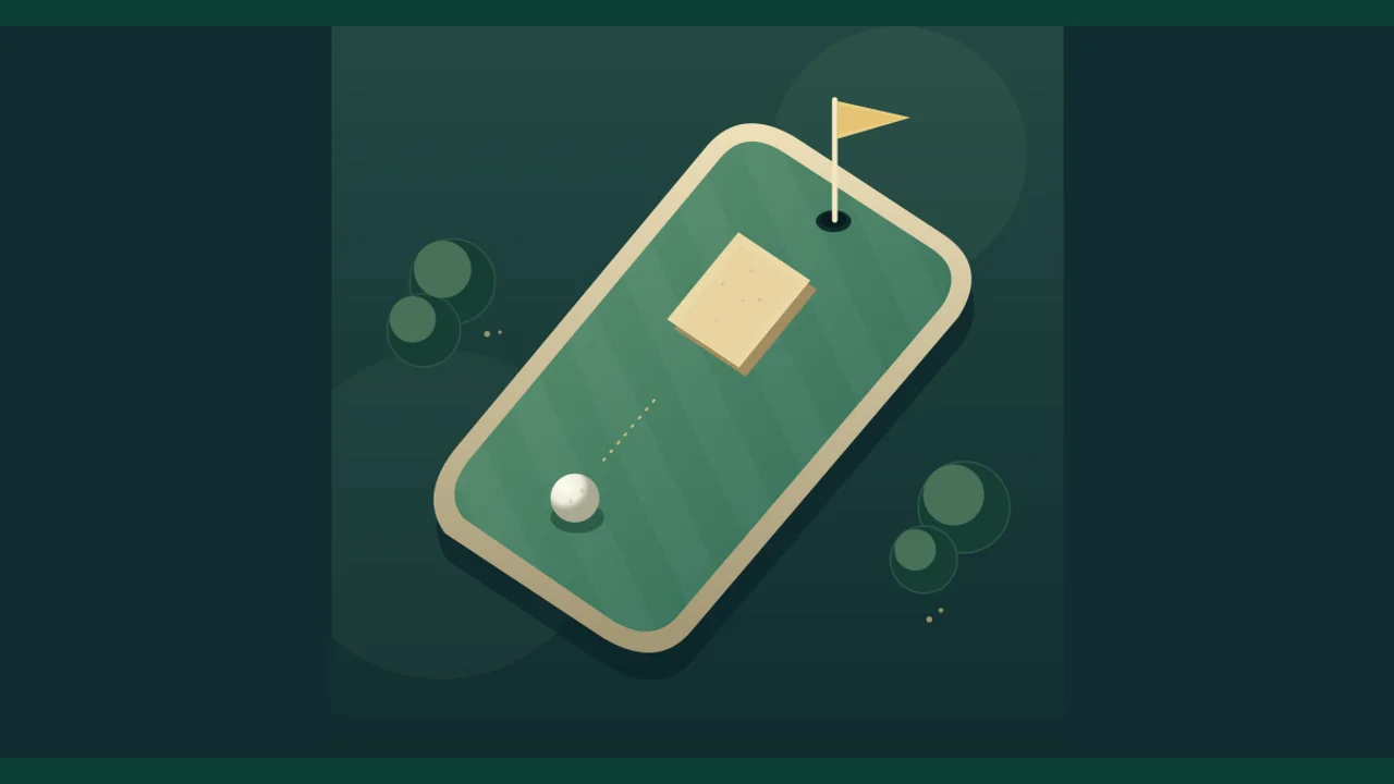 Portada de Zarocer Minigolf con un recorrido de golf, bandera y obstáculos de jardín