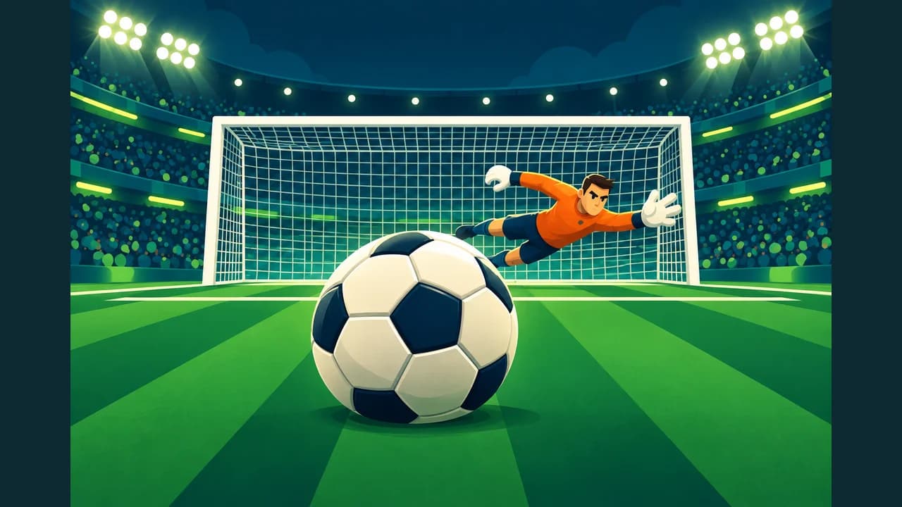 Portada de Penaltis con balón de fútbol, punto de lanzamiento y portería iluminada